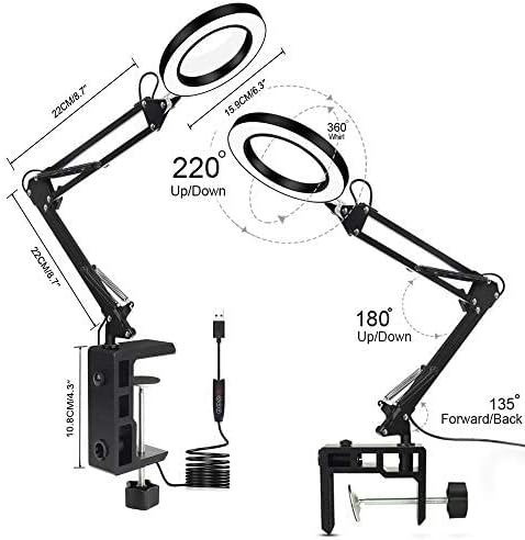 Magnifier Desktop Magnifying Lamp with Clamp Dimmable Glass Light Lens Adjustable Swivel Arm Robust Base High Clarity for Sewing magnifiers The New Progress