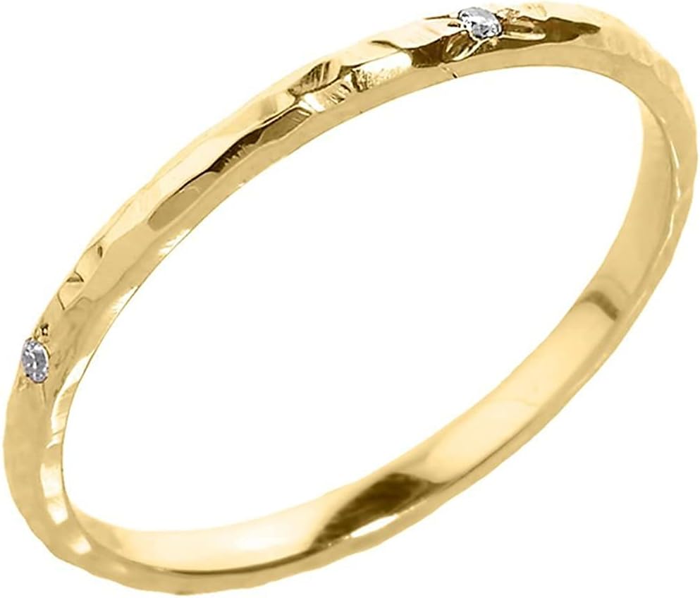 10K Yellow Gold Diamond Accented Hammered Stackable Slender Ring with Starburst Engraved Flush Set Gems (J-K Color, I1-I2 Clarity)