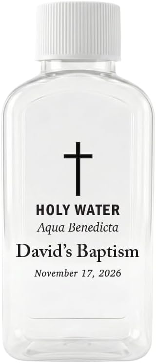 Custom 100cc Round Plastic Bottles - 3.4 oz Holy Water Favors with Minimalist Black or White Caps - Personalized Labels - Ideal for Confirmation Gifts & First Holy Communion Keepsakes (100)