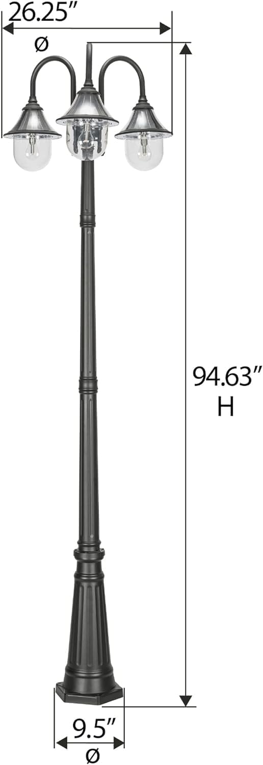 Gama Sonic Orion Outdoor Solar Lamp Post Light Kit, Triple Black Resin Industrial Style Downlight Lamp, Cast Aluminum Pole with Warm White Light 2700K, 123BM50003