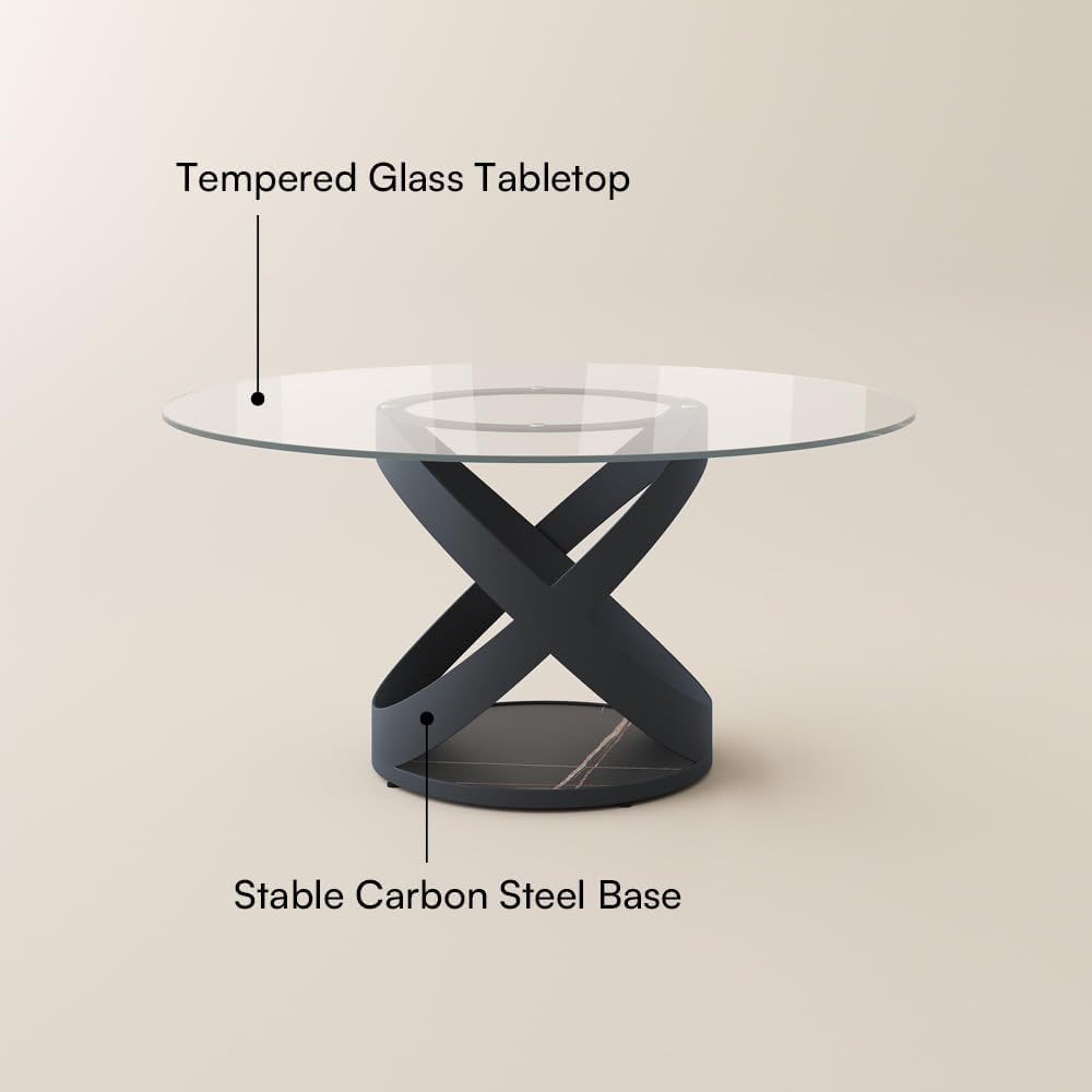 POVISON 59' Modern Round Dining Table, Glass Round Kitchen Table for 6, Glass Dining Room Table Top with Black X Carbon Steel Base for Dining Room (Dining Table Only)