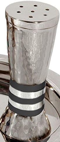 Havdallah Set Hammered Nickel Cone Shaped 4 Piece Set Designed with Black Rings