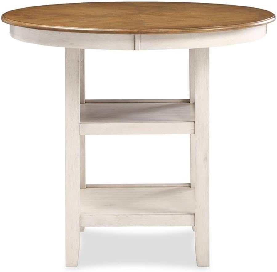 Pemberly Row 5-Piece Solid Wood Counter Dining Set, 42 in Round Table and Chairs, Two-Tone Brown/White Finish, Mindy Wood with Storage Shelves, Padded Seats, Farmhouse Style Kitchen or Dining Room