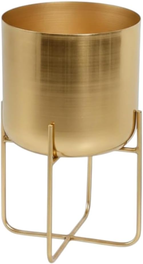 Serene Spaces Living Modern Mid‑Century Metal Indoor Planter with Stand, Gold Planter Pot for Houseplants & Indoor Plants – Living Room, Kitchen & Office, 7.25' Diameter & 13' Tall