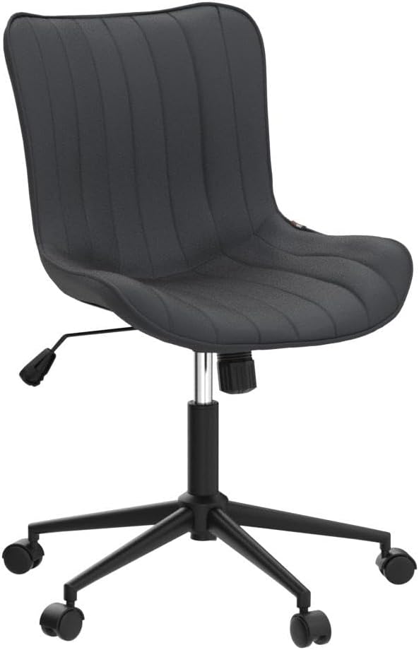 YOUNIKE Black Home Office Desk Chair with Wheels Comfy Armless Cute Vanity Chair with Adjustable Rocking Back Modern Leather Upholstered Rolling Swivel Small Task Drafting Sewing Chair Compact