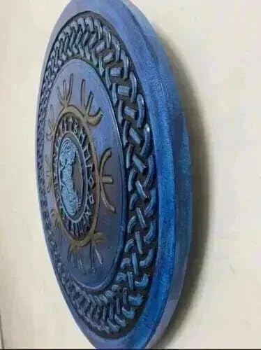 Wooden 22' Viking Round Shield | Hand-Carved Knight Warrior Battle & Wall Décor | Blue with Bronze Accents Sheild | Suitable for Wall Décor, Roleplay
