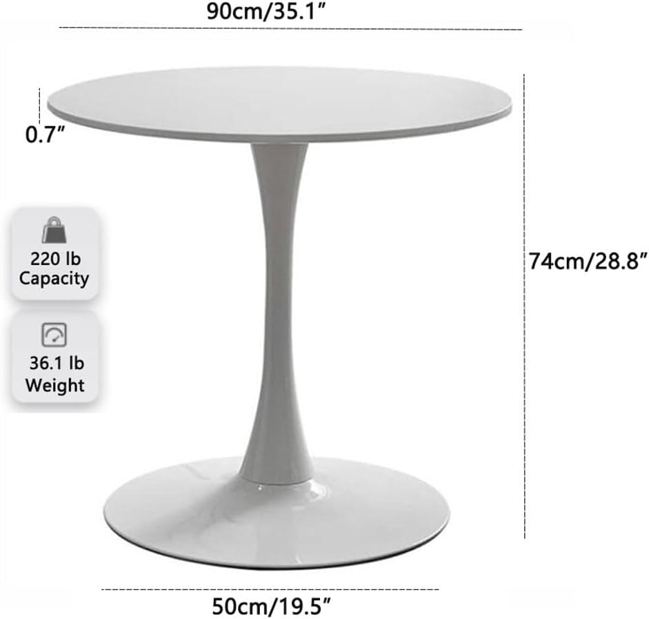 35.1' Tulip Dining Table, White, Perfect for 2-4 People, Mid-Century Modern Style, Round MDF Top with Sturdy Base for Dining Room, Living Room, Cafe
