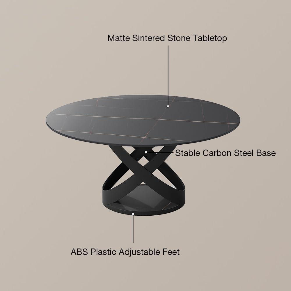 POVISON 60' Round Dining Table for 6, Modern Dining Room Table with Lazy Susan, Matte Black Sintered Stone Dining Tabletop with X-Shape Carbon Steel Base (Table Only)