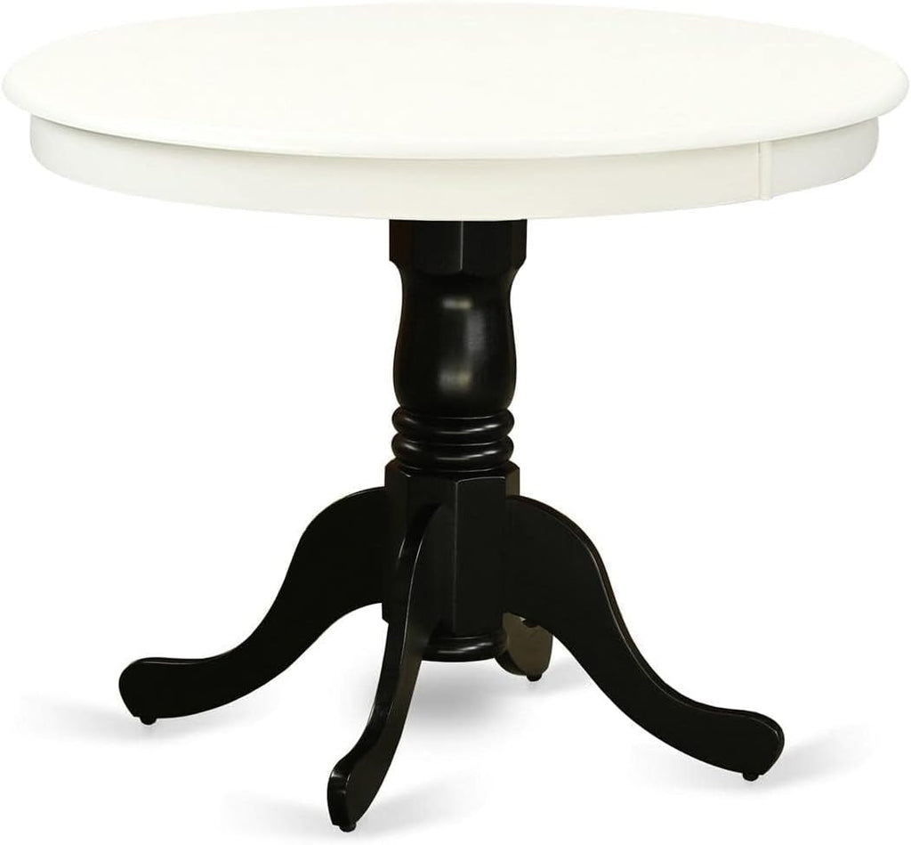 East West Furniture ANT-LBK-TP Antique Modern Kitchen Table - a Round Dining Table Top with Pedestal Base, 36x36 Inch, Linen White & Black