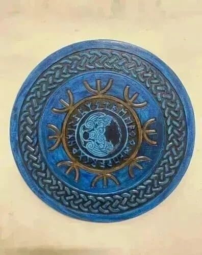 Wooden 22' Viking Round Shield | Hand-Carved Knight Warrior Battle & Wall Décor | Blue with Bronze Accents Sheild | Suitable for Wall Décor, Roleplay
