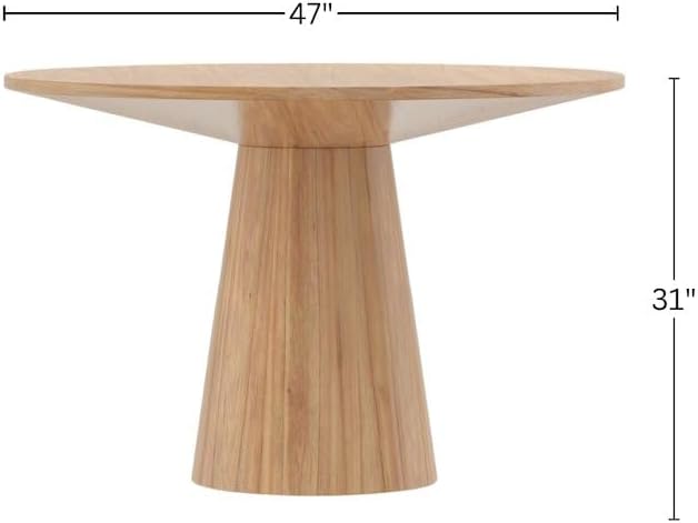 Alpine Furniture Brown Round Dining Table 47 Inches, Natural Finish, Tapered Pedestal Base, Solid Rubberwood Mindi Veneer, Seats 4 for Small Kitchen