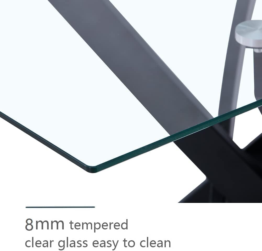 Tempered Glass Dining Table with Black Metal Legs, 47in Modern Rectangular Kitchen Table for Kitchen Dining Room Home Office (47.24 * 27.55, Black)