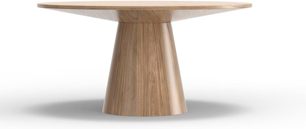 Alpine Furniture Brown Round Dining Table 59 Inches, Natural Finish with Tapered Pedestal Base, Solid Rubberwood Mindi Veneer, Seats 4-6 for Kitchen