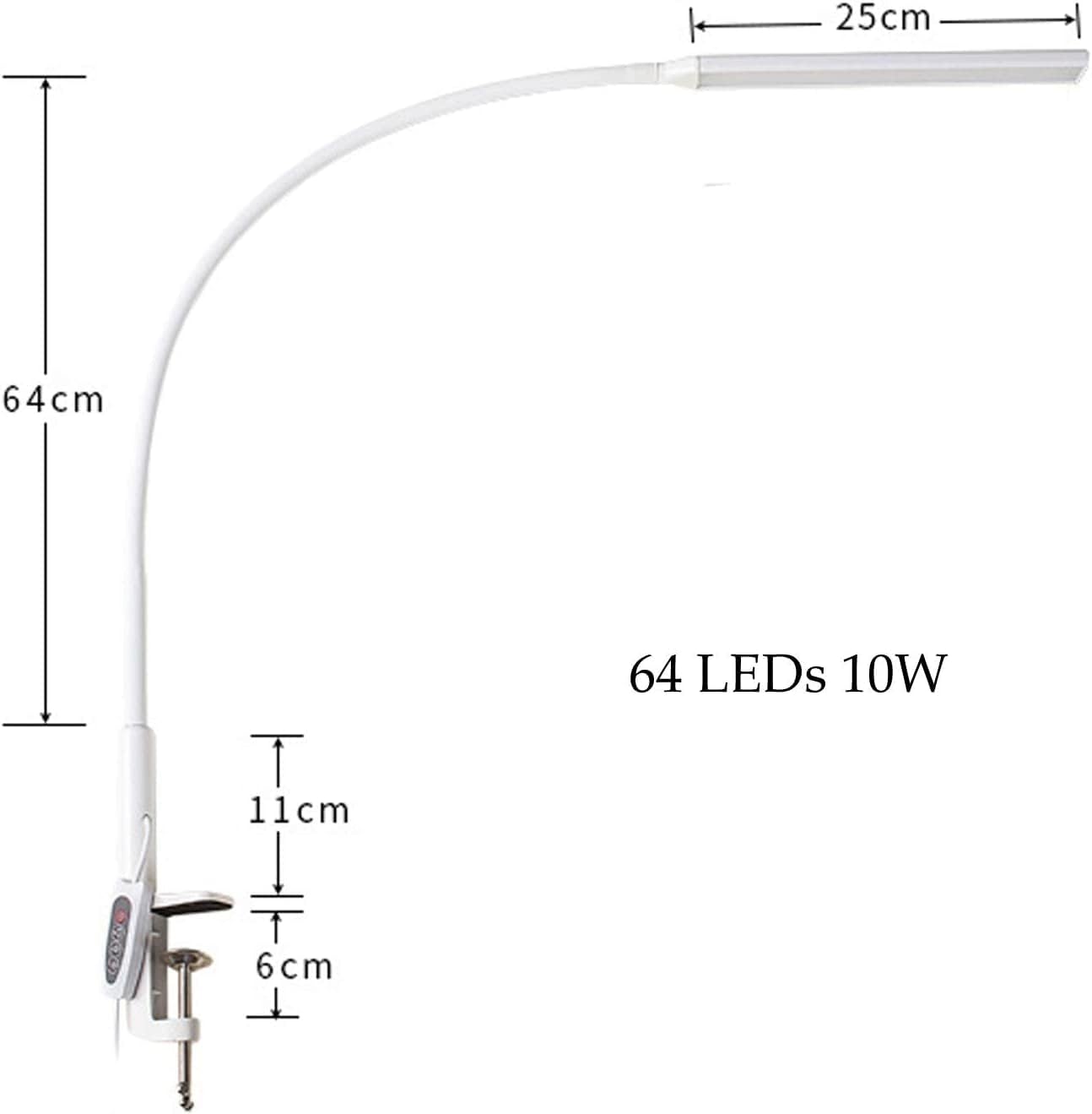 Desk Lamps 10W with Clamp, 64 LEDs Eye-Care Reading Light Dimmable, Flexible Swing Arm Architect Lamp for Reading, Working, Office, with Memory Function, with Switch, USB Cable, White