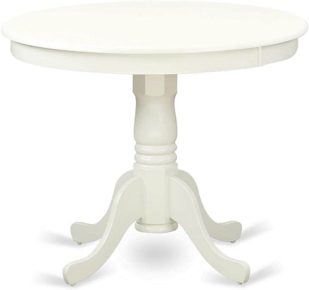 East West Furniture ANT-LBK-TP Antique Modern Kitchen Table - a Round Dining Table Top with Pedestal Base, 36x36 Inch, Linen White & Black
