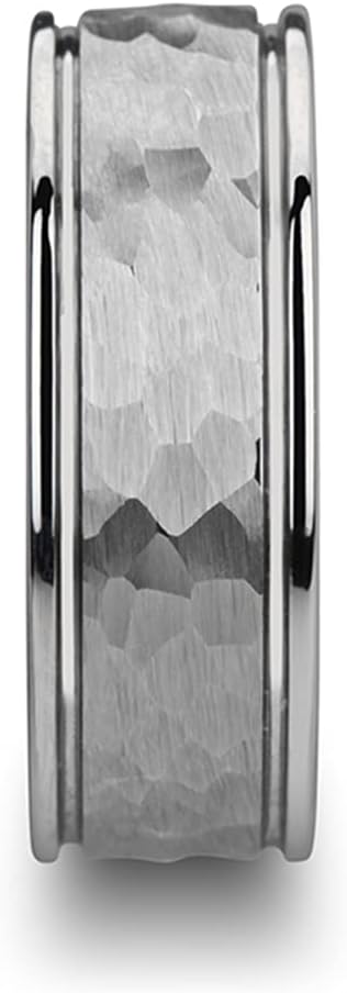 Roy Rose Jewelry Mens Hammered Finish Center White Tungsten Carbide Dual Offset Grooves Wedding Ring - Polished Edged Comfort Fit - 6mm 8mm Wide - Style Name: Thornton
