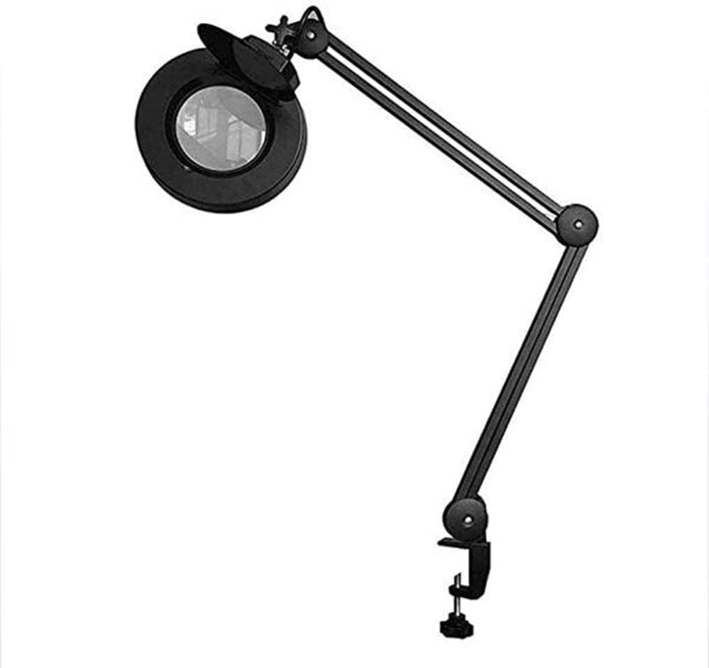 Magnifier, Led Folding Magnifier lamp,Adjustable Swivel Arm 8X Magnifying Glass Table Lamp Light with Clamp for Beauty Skincare Manicure Nail Tattoo Salon with Glass Lens and Bench (Black A)