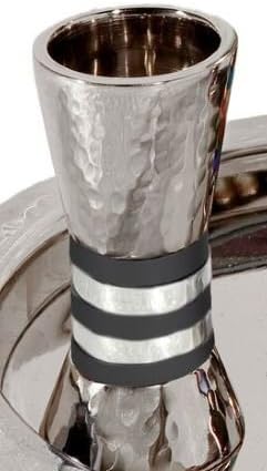 Havdallah Set Hammered Nickel Cone Shaped 4 Piece Set Designed with Black Rings