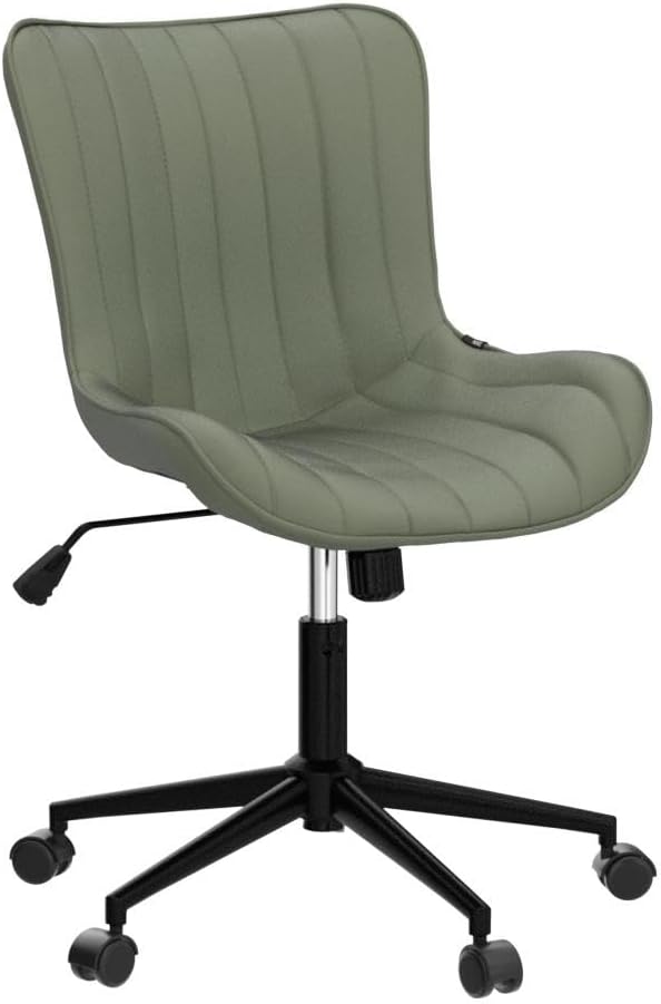 YOUNIKE Olive Green Office Desk Chair with Wheels Armless Compact Comfy Vanity Chair with Adjustable Back Modern Small Faux Leather Upholstered Swivel Cute Rolling Computer Task Chair No Arms