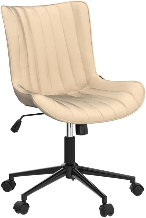 YOUNIKE Ergonomic Home Office Desk Chair with Wheels Comfy Armless Criss Cross Chair with Adjustable Back Modern Leather Upholstered Swivel Vanity Chair Small Cute Rolling Task Chair for Women Beige