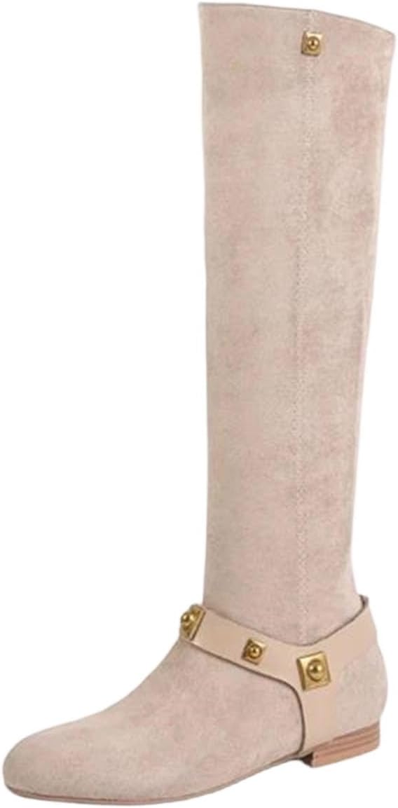 Women's Round Toe Suede Knee High Boots Low Heel Metal Rivet Belt Buckle Fall Winter Fashion Shoes