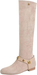 Women's Round Toe Suede Knee High Boots Low Heel Metal Rivet Belt Buckle Fall Winter Fashion Shoes