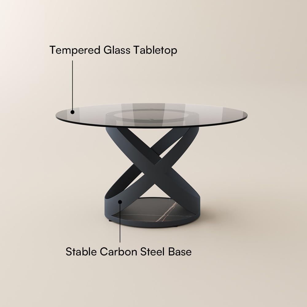 POVISON 51' Modern Round Dining Table, Glass Round Kitchen Table for 4, Tempered Glass Dining Room Table top with Black X Carbon Steel Base (Dining Table Only)