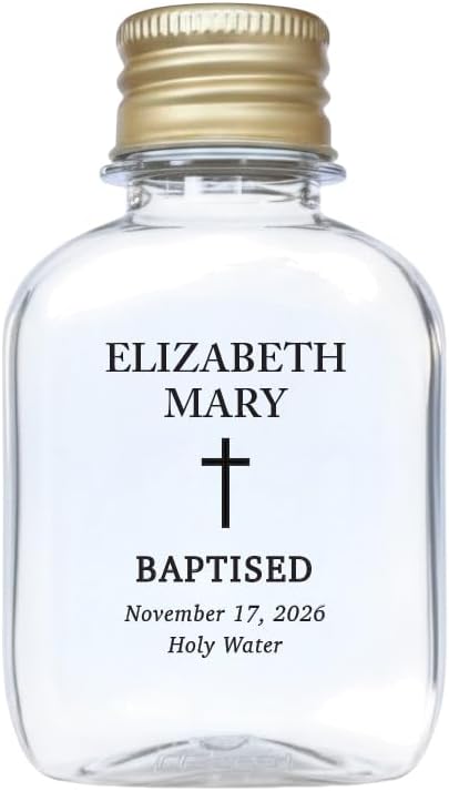 Personalized 100ml (3.4 oz) Holy Water Bottles (Empty) - TSA Travel Size Plastic Flask with Gold/Silver Cap - Custom Labels - First Holy Communion Keepsakes & Confirmation Gifts (60)