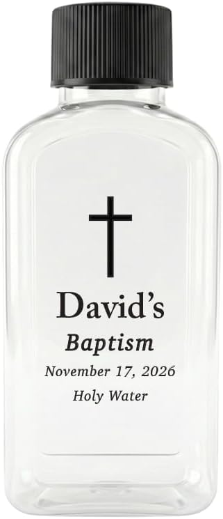 Custom 100cc Round Plastic Bottles - 3.4 oz Holy Water Favors with Minimalist Black or White Caps - Personalized Labels - Ideal for Confirmation Gifts & First Holy Communion Keepsakes (60)