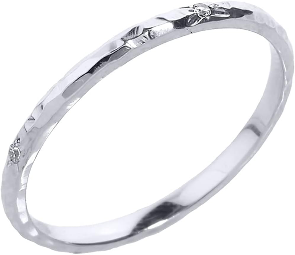 10K White Gold Diamond Accented Hammered Stackable Slender Ring with Starburst Engraved Flush Set Gems (J-K Color, I1-I2 Clarity) - Size 4