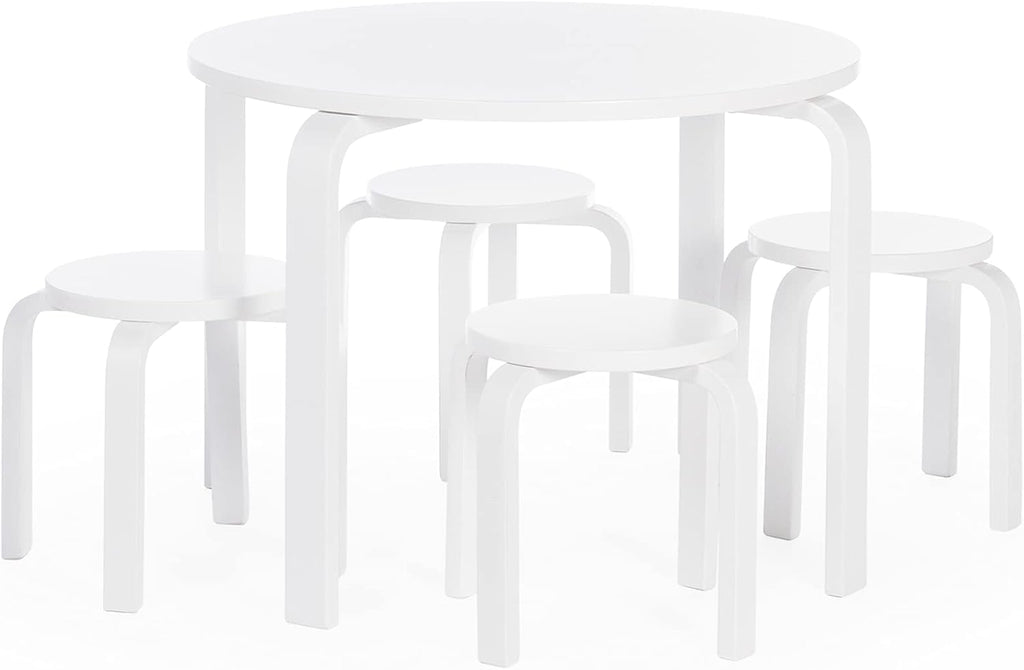 Guidecraft Nordic Table and Stools Set for Kids: White - Stacking Bentwood Stools with Curved Wood Toddler Activity Table - Children's Modern Bedroom, Playroom, and Living Room Furniture