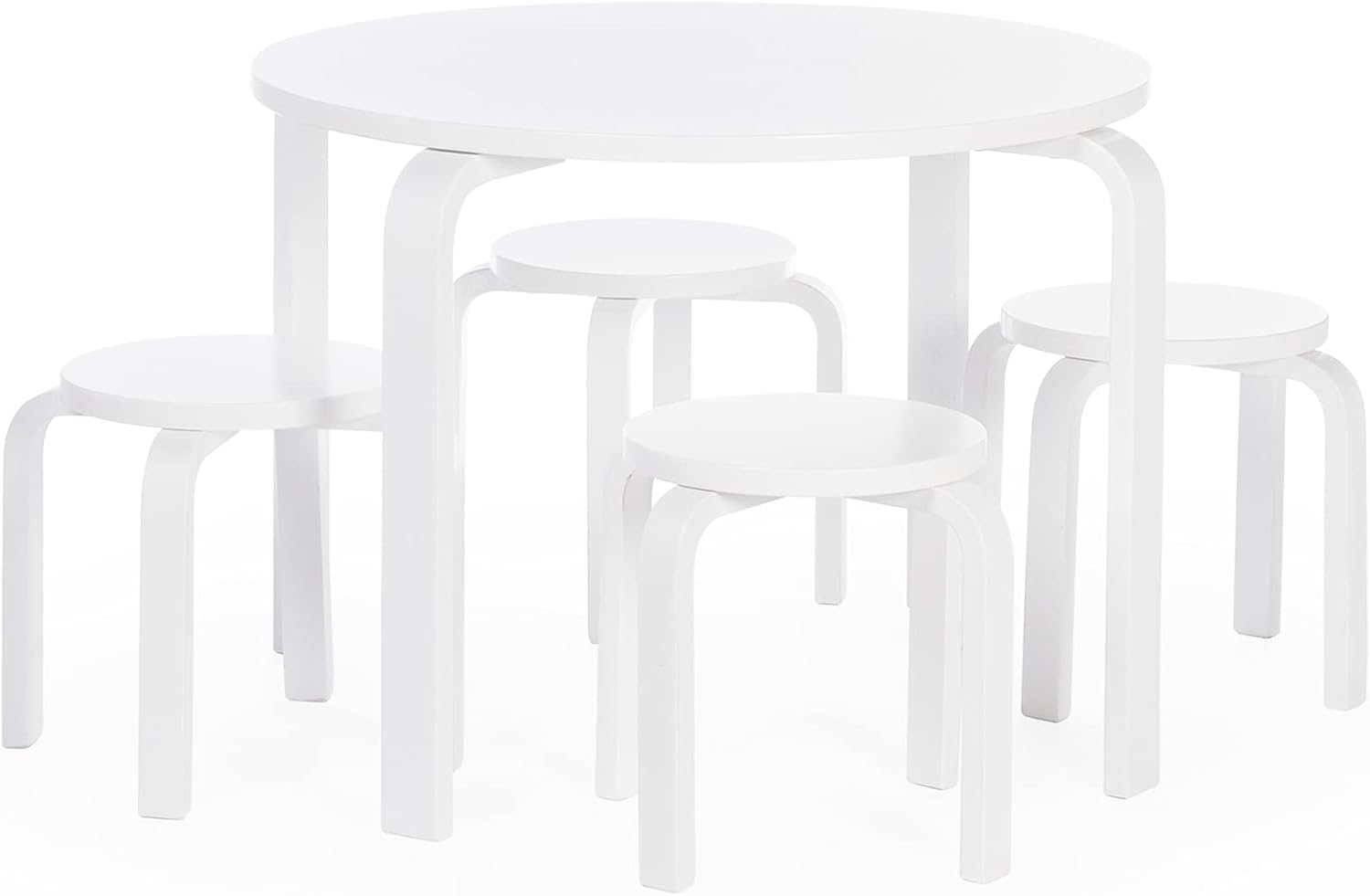 Guidecraft Nordic Table and Stools Set for Kids: White - Stacking Bentwood Stools with Curved Wood Toddler Activity Table - Children's Modern Bedroom, Playroom, and Living Room Furniture