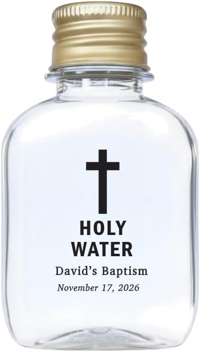 Personalized 100ml (3.4 oz) Holy Water Bottles (Empty) - TSA Travel Size Plastic Flask with Gold/Silver Cap - Custom Labels - First Holy Communion Keepsakes & Confirmation Gifts (200)
