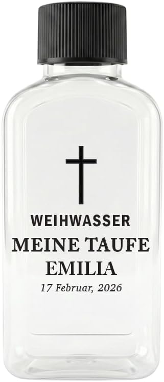 Custom 100cc Round Plastic Bottles - 3.4 oz Holy Water Favors with Minimalist Black or White Caps - Personalized Labels - Ideal for Confirmation Gifts & First Holy Communion Keepsakes (100)