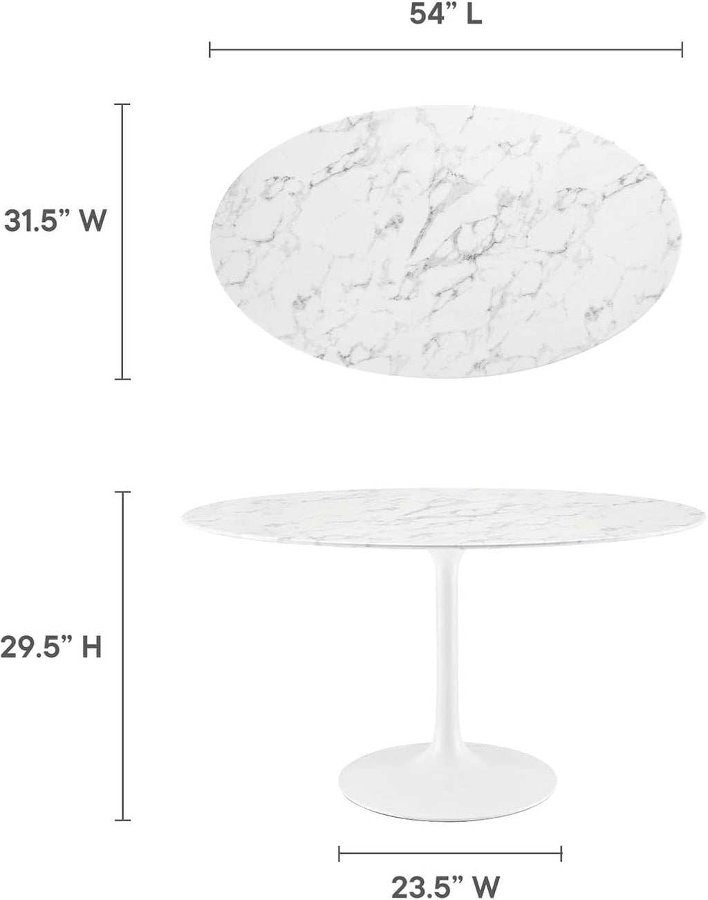 Modway Lippa 54' Oval-Shaped Mid-Century Modern Dining Table with Artificial Marble Top and White Base