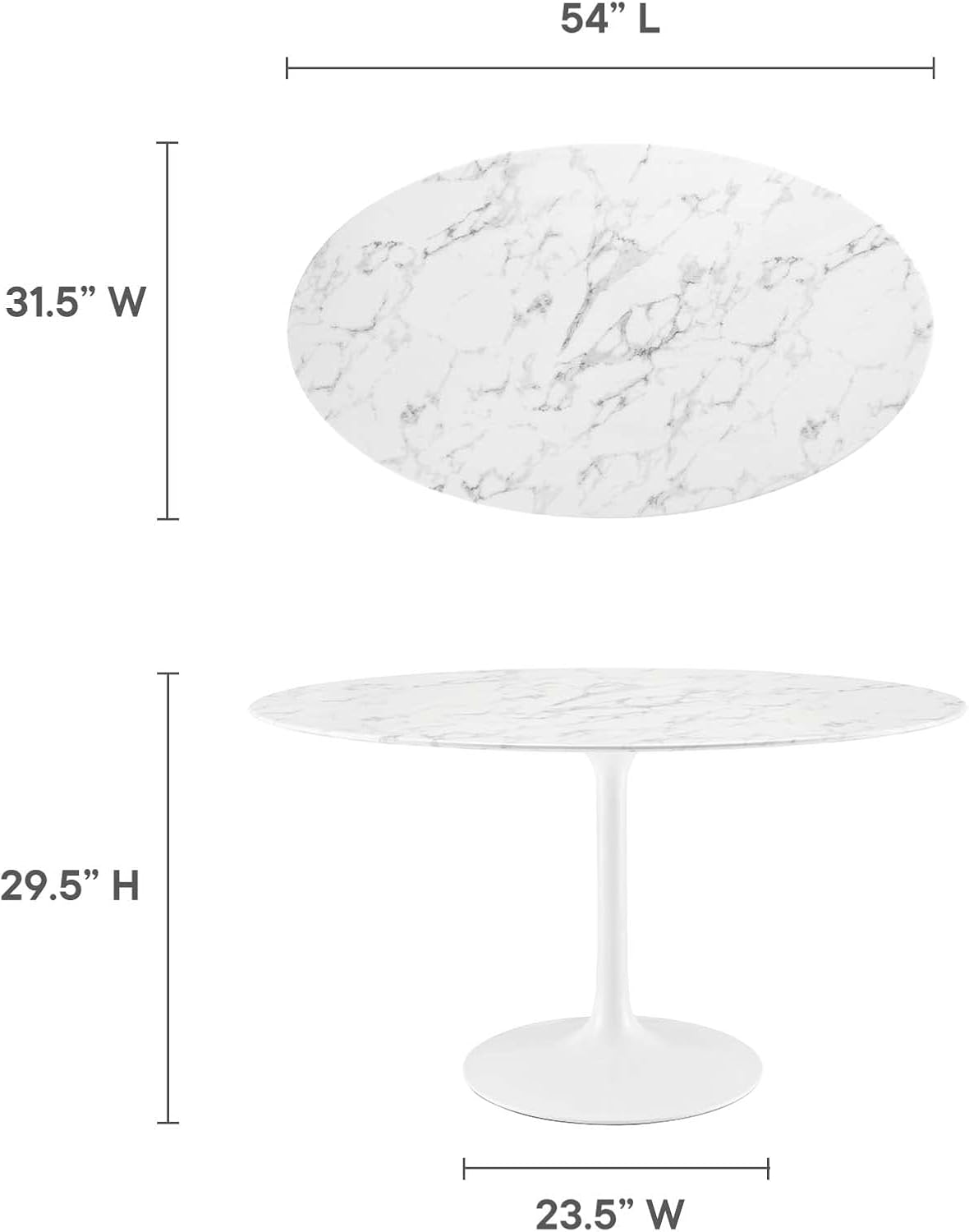 Modway Lippa 54' Oval-Shaped Mid-Century Modern Dining Table with Artificial Marble Top and White Base