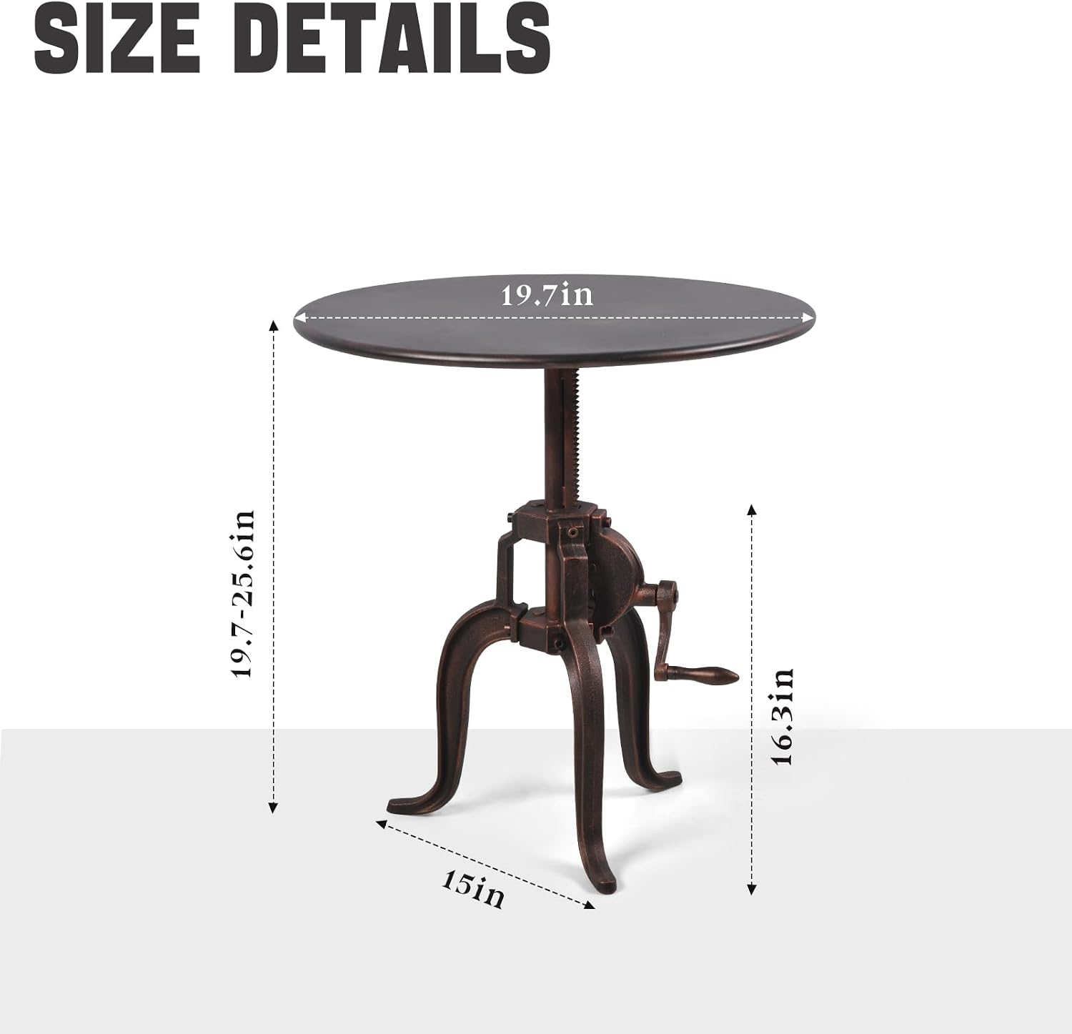 Industrial Heavey Duty Iron Sofa Side Table Crank Lift Up-and-Down Small Round Tea Table, Copper…