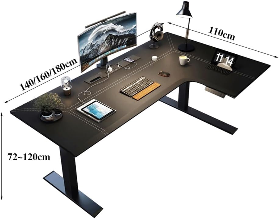 Home Adjustable Height L-Shaped Leather PC Desk, Electric Corner Standing, Sit Stand Workstation with Charging Outlets Office(S)