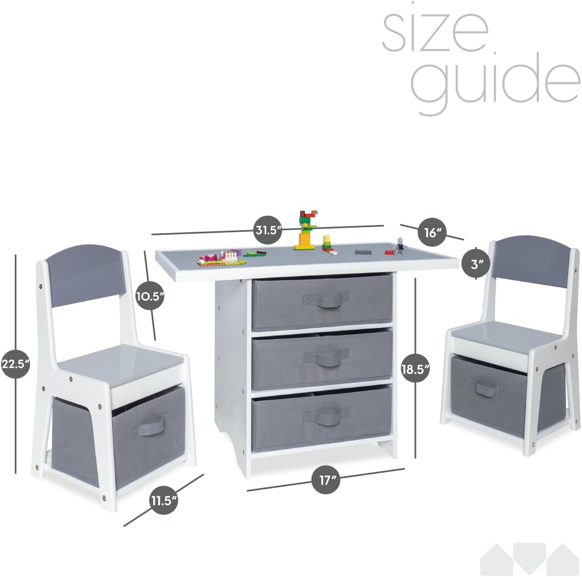 Milliard Kids 3-in-1 Play Table and Chair Set Wood with Storage Baskets, Compatible with Lego and Duplo Bricks, Activity Table Playset Furniture with Modern Gray Colors