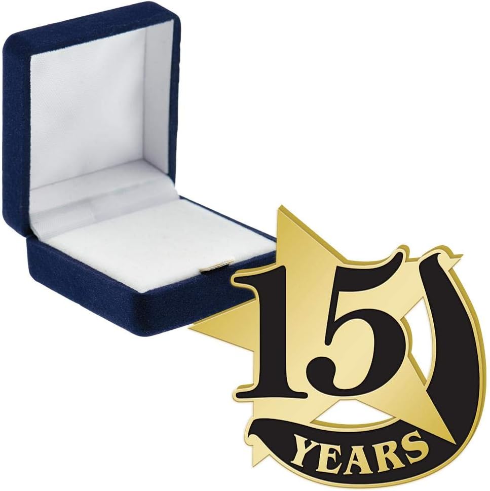 Crown Awards 15 Year Recognition Pins, 15 Year Recognition Pin with Blue Velvet Presentation Case, Prime
