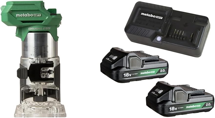 Bundle of Metabo HPT 18V MultiVolt Cordless Trim Router | Tool Only - No Battery | M1808DAQ4 + Metabo HPT 18V 2-Pack Batteries and Charger Kit | 2.0 Ah Batteries Include Charge Indicator | UC18YKSLS