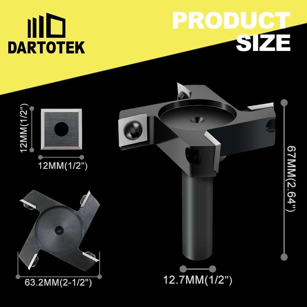 CNC Spoilboard Surfacing Router Bit, 1/2 inch Shank 2-1/2-Inch Cutting Diameter Planning Bit, DARTOTEK Slab Flattening Router Bit, Milling Cutter with 4PCS Indexable Carbide Insert(3 of Pack)