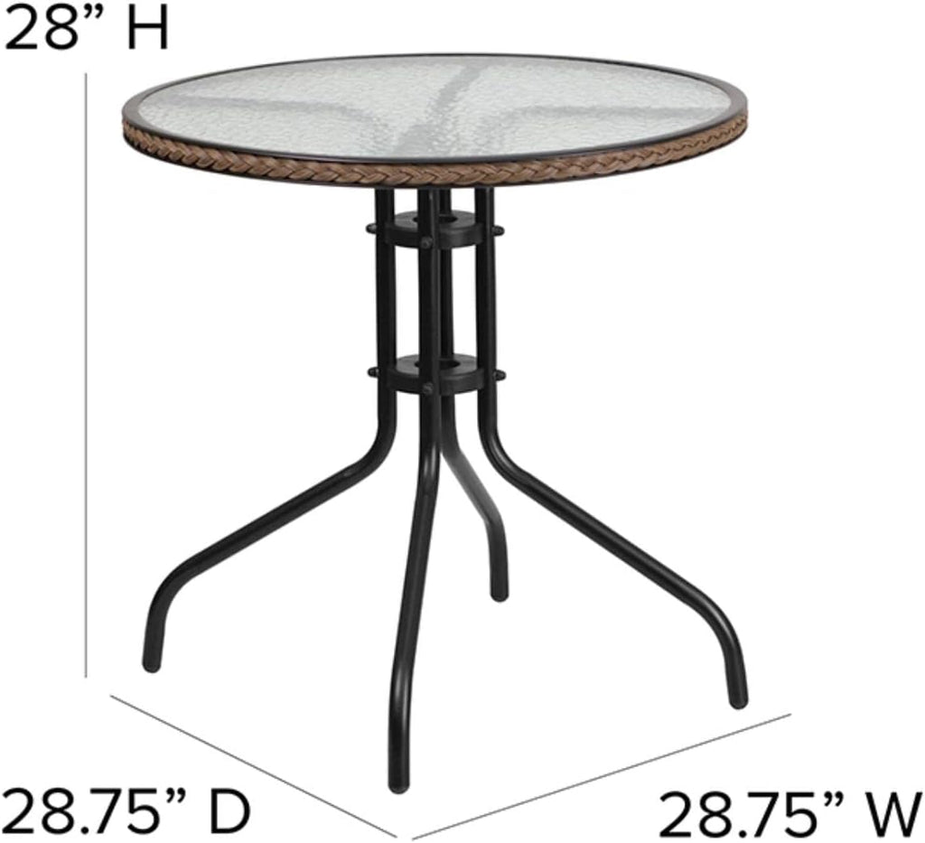 Flash Furniture Lila 28'' Round Glass Metal Table with Dark Brown Rattan Edging and 2 Dark Brown Rattan Stack Chairs