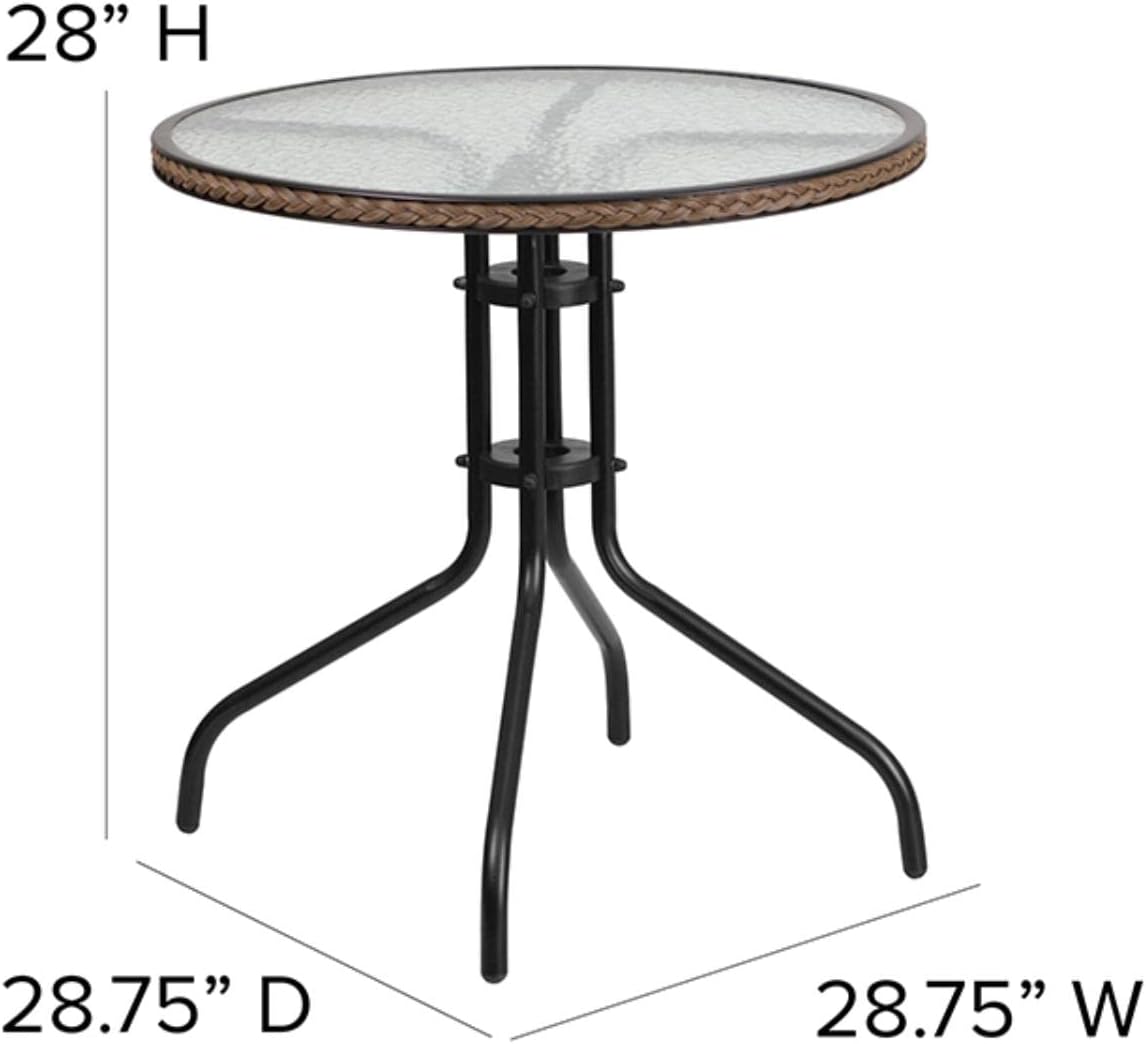 Flash Furniture Lila 28'' Round Glass Metal Table with Dark Brown Rattan Edging and 2 Dark Brown Rattan Stack Chairs