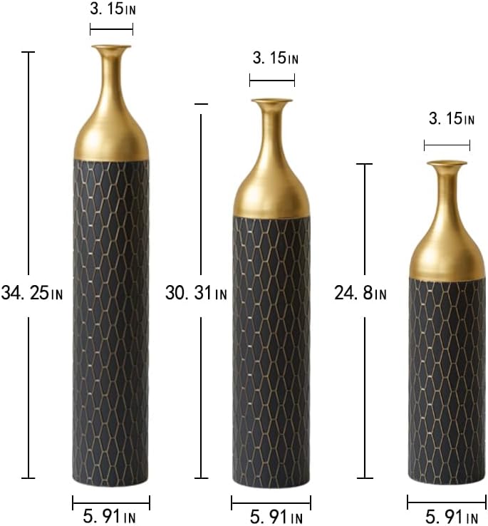 Floor Metal Decorated Vases Set of 3 for Gorgeous Home Decoration Large Glazed Metal Vases (Matte Black)