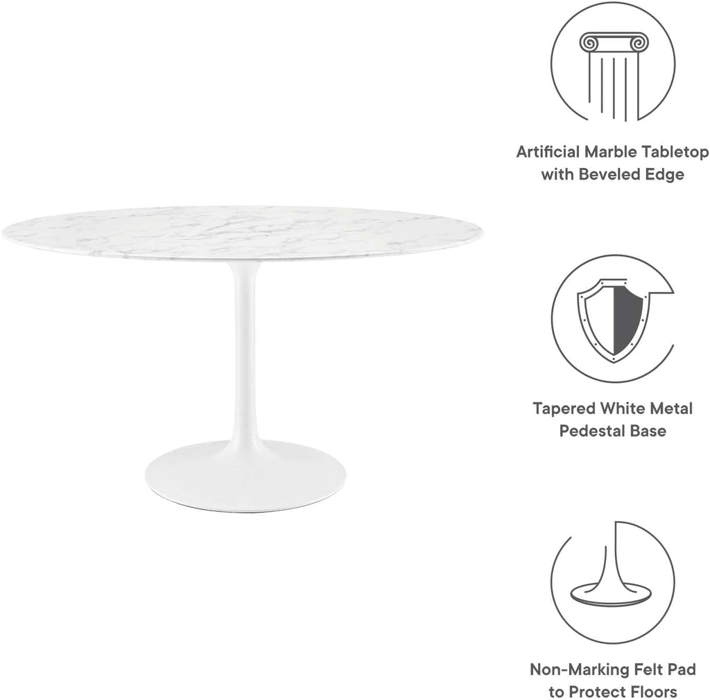 Modway Lippa 54' Oval-Shaped Mid-Century Modern Dining Table with Artificial Marble Top and White Base