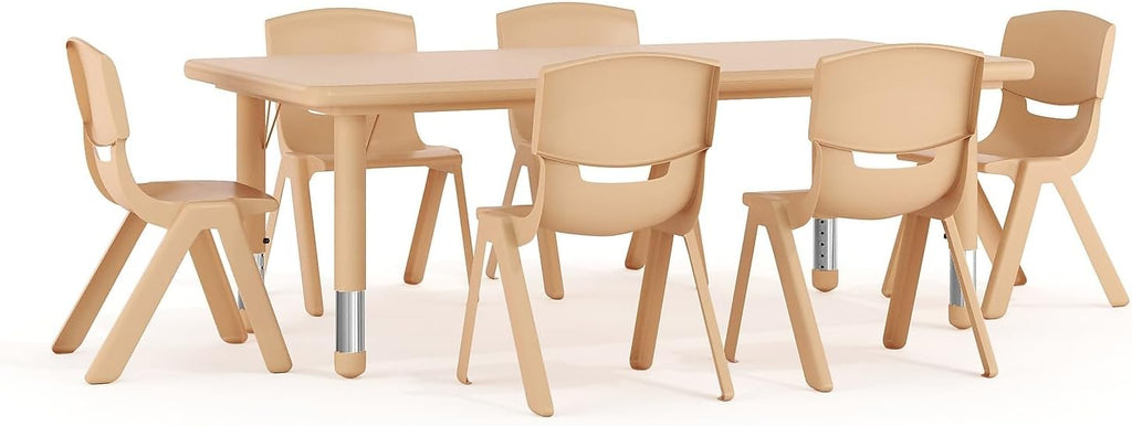 Flash Furniture Adjustable Classroom Activity Table with 6 Stackable Chairs, Rectangular Plastic Activity Table for Kids, 24' W x 48' L, Natural
