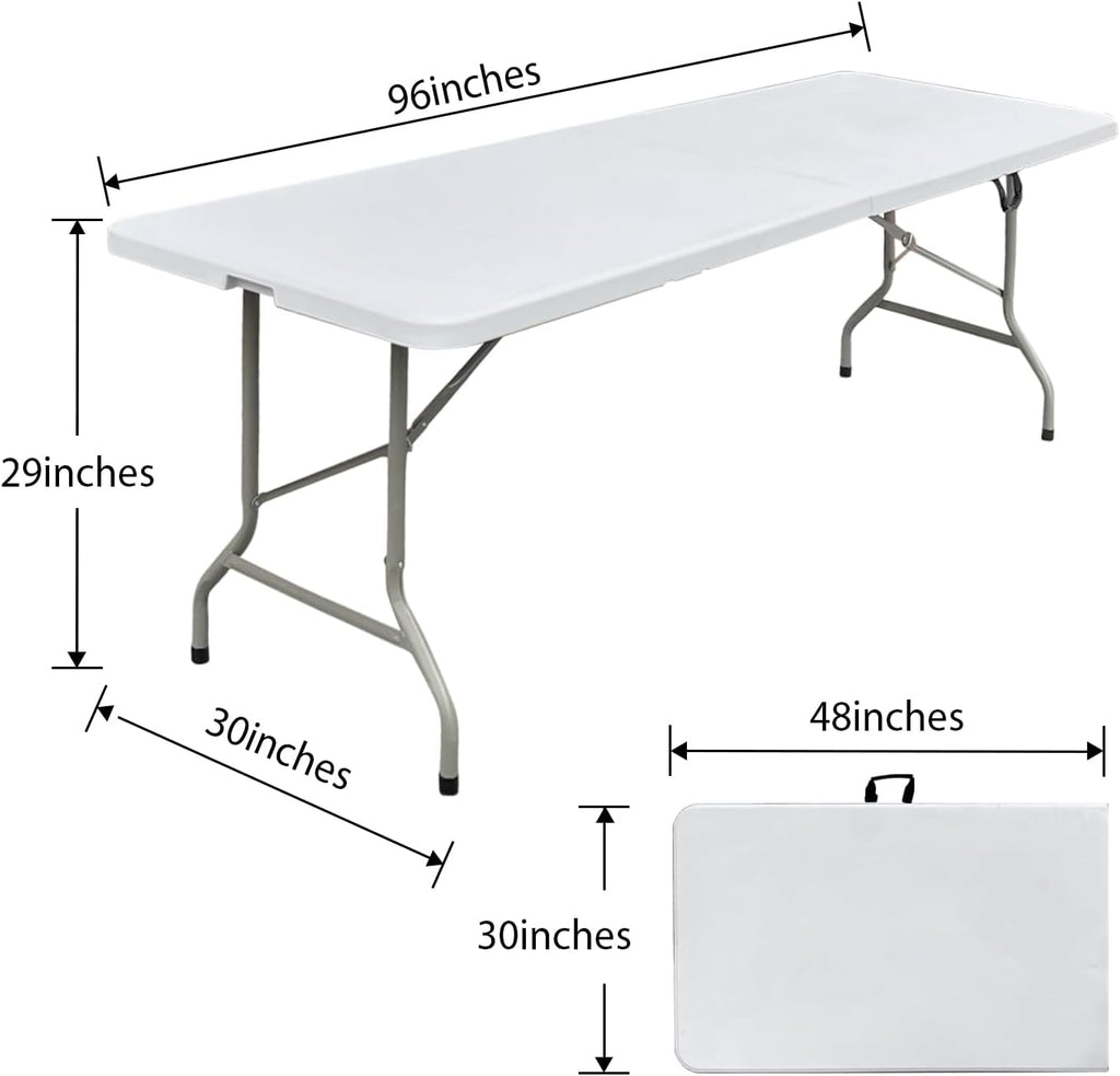 8ft Folding Table 96 inch, Heavy Duty 8 Foot Portable Plastic Foldable Table with Handle and Fold-in-Half Design, Blow Molded Tabletop for Outdoor, Indoor, Party, Dining and Camping, White