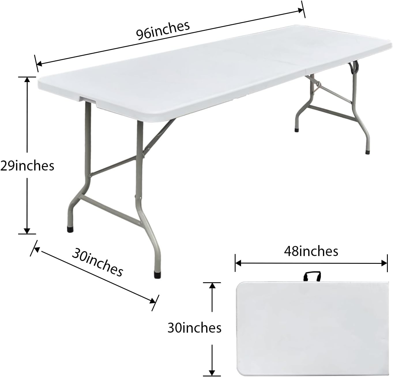 8ft Folding Table 96 inch, Heavy Duty 8 Foot Portable Plastic Foldable Table with Handle and Fold-in-Half Design, Blow Molded Tabletop for Outdoor, Indoor, Party, Dining and Camping, White