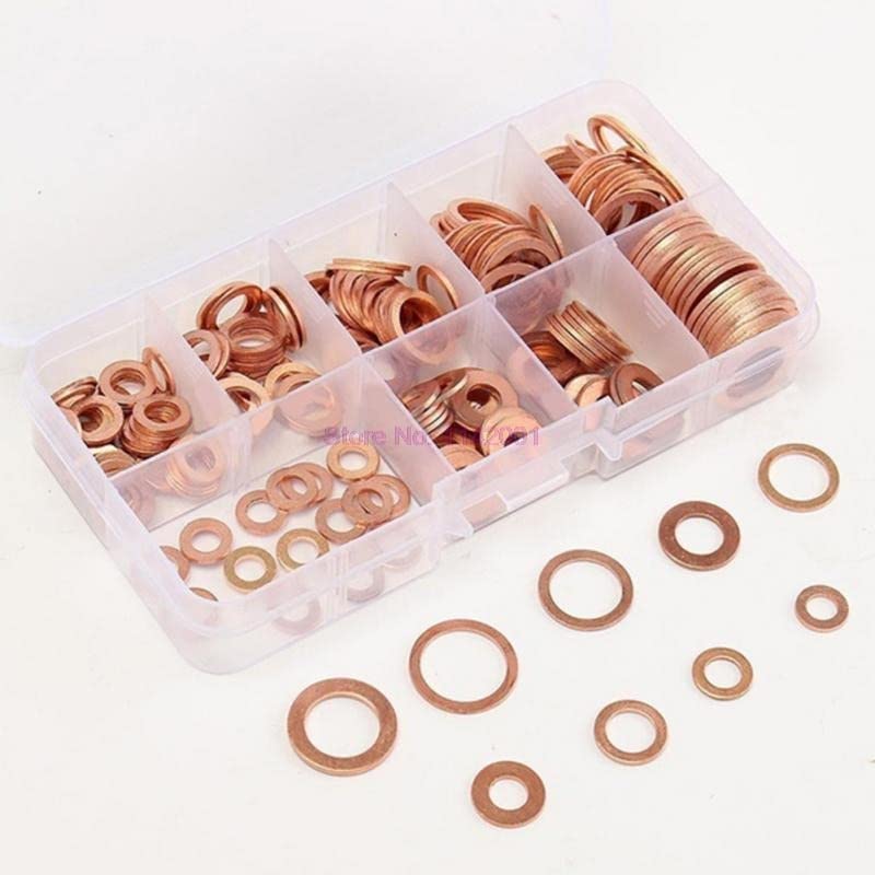 10Set 200pcs/set Copper Washer Gasket Nut and Bolt Set Flat Ring Seal Assortment Kit with Box //M8/M10/M12/M14 for Sump Plugs